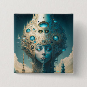 Badge Carré 5 Cm Surreal Futuristic Alien Woman Lanscape