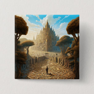 Badge Carré 5 Cm Surreal Maze Château Paysage Imaginaire Art