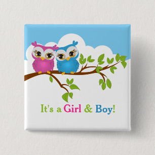 Badge Carré 5 Cm Sweet Twins Owls Boy Girl Baby Button
