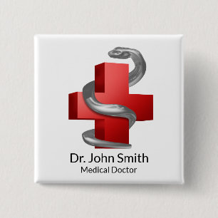 Badge Carré 5 Cm SYMBOLE ROUGE Médicale Serpent serpent argent