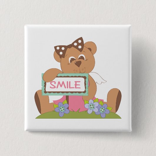 Badge Carré 5 Cm Symbole Teddy Bear with Bow Holding Smile (Devant)