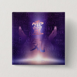 Badge Carré 5 Cm Symboles de Reiki et mains curatives sur la