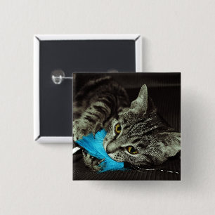 Badge Carré 5 Cm Tabby Cat avec plume par Shirley Taylor