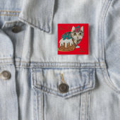 Badge Carré 5 Cm tabby gris chaton mignon lécher patte noël (En situation)
