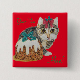 Badge Carré 5 Cm tabby gris chaton mignon lécher patte noël