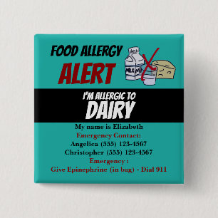 Badge Carré 5 Cm Teal Dairy Food Allergy Alert Warning