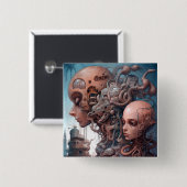 Badge Carré 5 Cm Têtes biomécaniques Surreal Sci-Fi Art (Devant & derrière)
