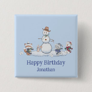 Badge Carré 5 Cm Texte Personnalisé Snowball combat Joyeux Annivers