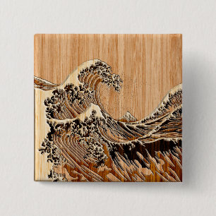 Badge Carré 5 Cm The Great Hokusai Wave Bamboo Wood Grain Style
