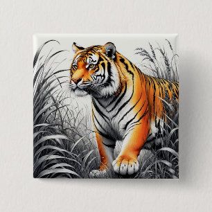 Badge Carré 5 Cm Tiger Art Color Partiel noir blanc dessin