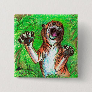 Badge Carré 5 Cm Tigre d'hurlement chargeant le Pin