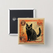 Badge Carré 5 Cm Timbre de poterie de chat noir A (Devant & derrière)