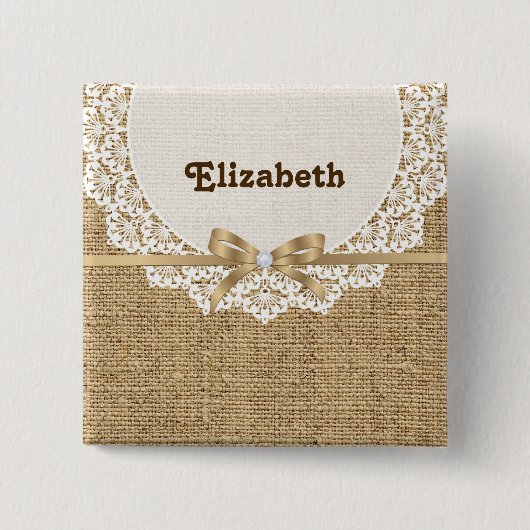 Badge Carré 5 Cm Toile blanche avec dentelle et lin naturel burlap (Devant)