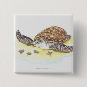 Badge Carré 5 Cm Tortue de mer et bébés