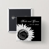 Badge Carré 5 Cm Tournesol blanc sur Mariage noir (Devant & derrière)