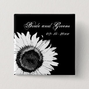 Badge Carré 5 Cm Tournesol blanc sur Mariage noir