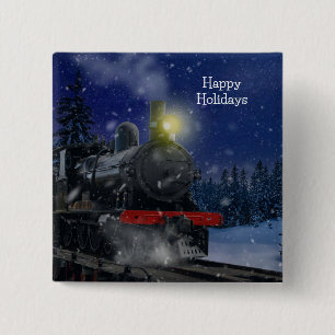 Badge Carré 5 Cm Train de Noël dans la neige
