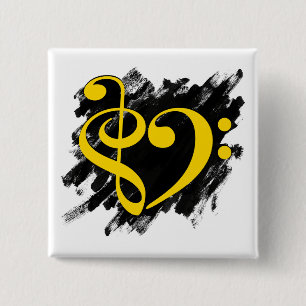Badge Carré 5 Cm Treble et Bass Clef Musical Coeur Jaune