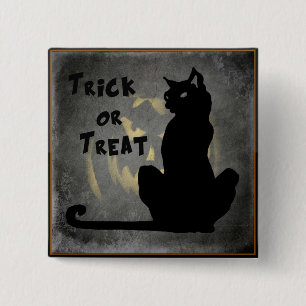 Badge Carré 5 Cm Trick or Treat Chat Noir - Bouton Citrouille
