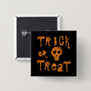 Badge Carré 5 Cm Trick or Treat Grunge Crâne Orange Halloween