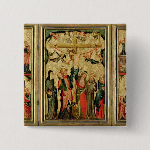 Badge Carré 5 Cm Triptyque dépeignant la crucifixion du Christ