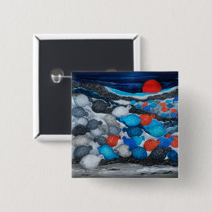 Badge Carré 5 Cm Troupe d'oiseaux colorés sous une lune rouge Art