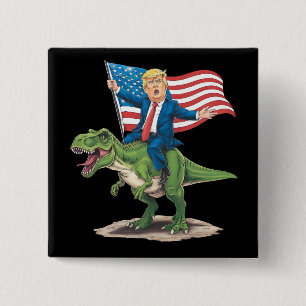 Badge Carré 5 Cm Trump à cheval sur un dinosaure T Rex drapeau amér
