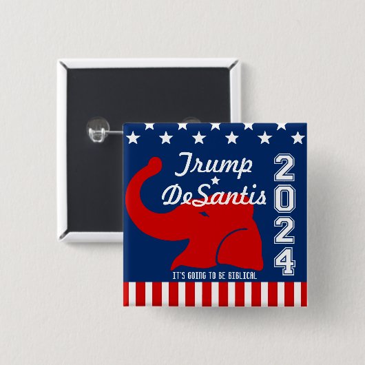 BADGE CARRÉ 5 CM TRUMP DESANTIS 2024 BIBLICAL (Devant & derrière)