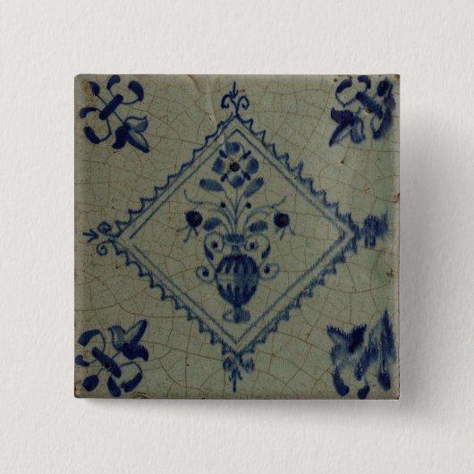 Badge Carré 5 Cm Tuile bleue de Delft - vase avec les fleurs et le (Devant)