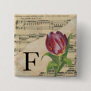 Badge Carré 5 Cm Tulipe violette Feuille de musique Monogramme init
