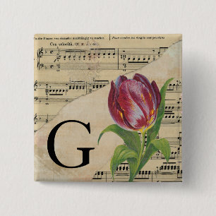 Badge Carré 5 Cm Tulipe violette feuille de musique Monogramme init