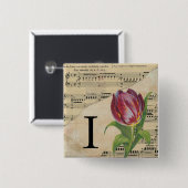 Badge Carré 5 Cm Tulipe violette feuille musique Monogramme initial (Devant & derrière)