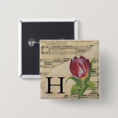 Badge Carré 5 Cm Tulipe violette feuille musique Monogramme initial (Devant & derrière)