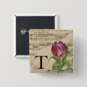 Badge Carré 5 Cm Tulipe violette feuille musique Monogramme initial (Devant & derrière)