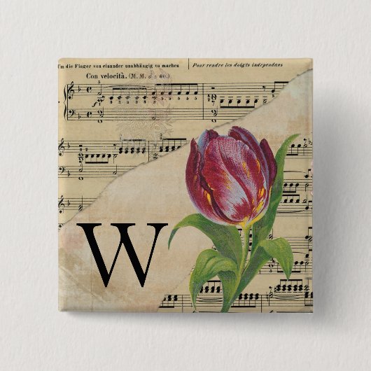 Badge Carré 5 Cm Tulipe violette feuille musique Monogramme initial (Devant)