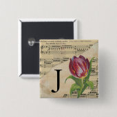 Badge Carré 5 Cm Tulipe violette Partition Monogramme initial J (Devant & derrière)