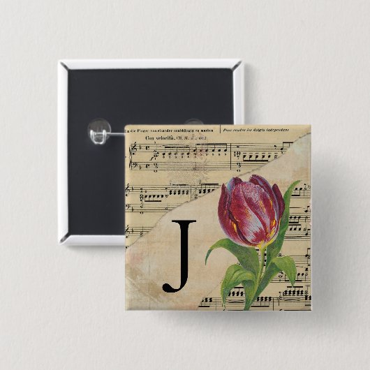 Badge Carré 5 Cm Tulipe violette Partition Monogramme initial J (Devant & derrière)