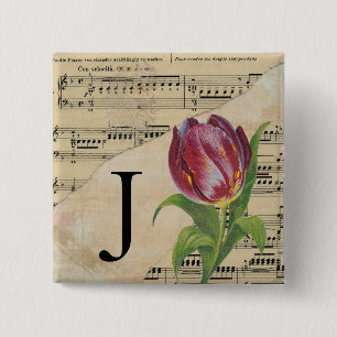 Badge Carré 5 Cm Tulipe violette Partition Monogramme initial J