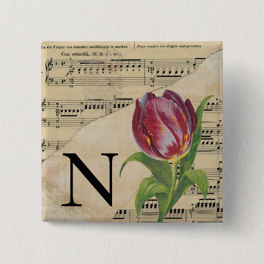 Badge Carré 5 Cm Tulipe violette Partition Monogramme initial N (Devant)