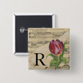 Badge Carré 5 Cm Tulipe violette Partition Monogramme initial R (Devant & derrière)