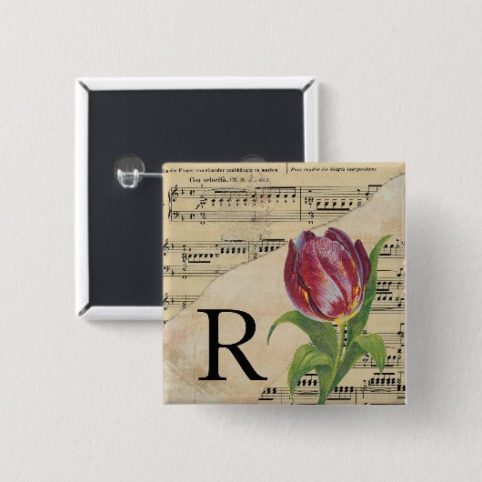 Badge Carré 5 Cm Tulipe violette Partition Monogramme initial R (Devant & derrière)