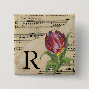 Badge Carré 5 Cm Tulipe violette Partition Monogramme initial R