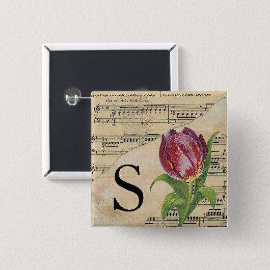 Badge Carré 5 Cm Tulipe violette Partition Monogramme initial S (Devant & derrière)