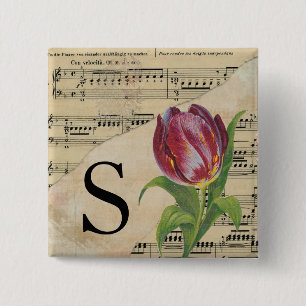 Badge Carré 5 Cm Tulipe violette Partition Monogramme initial S
