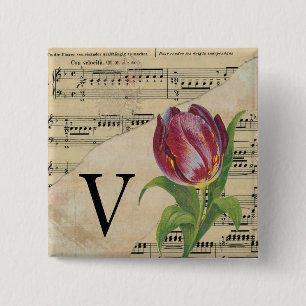 Badge Carré 5 Cm Tulipe violette Partition Monogramme initial V