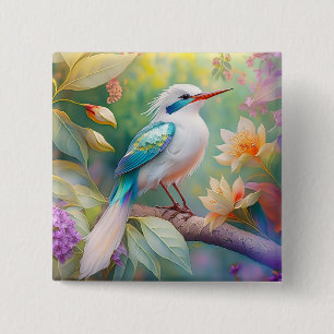 Badge Carré 5 Cm Turquoise aile  crête blanche Imaginaire Oiseau