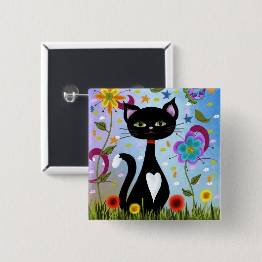 Badge Carré 5 Cm Tuxedo Chat Assis Dans Un Jardin (Devant & derrière)