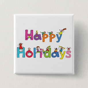 Badge Carré 5 Cm Typographie de personnage Stick Happy Holidays pou