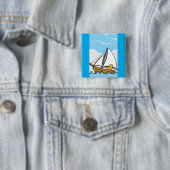 Badge Carré 5 Cm Un chat grincheux sur un voilier Drôle Caricature  (En situation)
