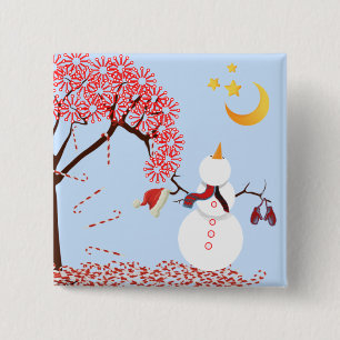 Badge Carré 5 Cm Un homme de neige mignon regarde vers le haut du b